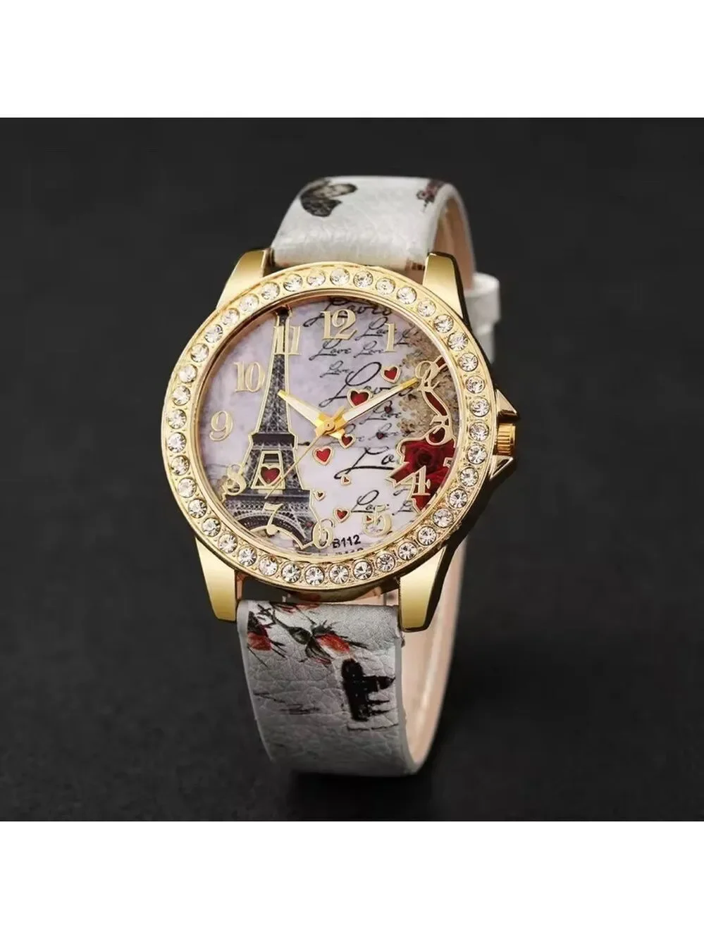 Elegant High Fashion Women’s Quartz Gold and Gray Eiffel Tower Love Watch Grey
